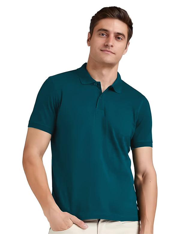 Men's Regular Fit Polo Neck Half Sleeve Solid Uniform T-Shirt | Polo T-Shirt for Men (Peacock Blue)