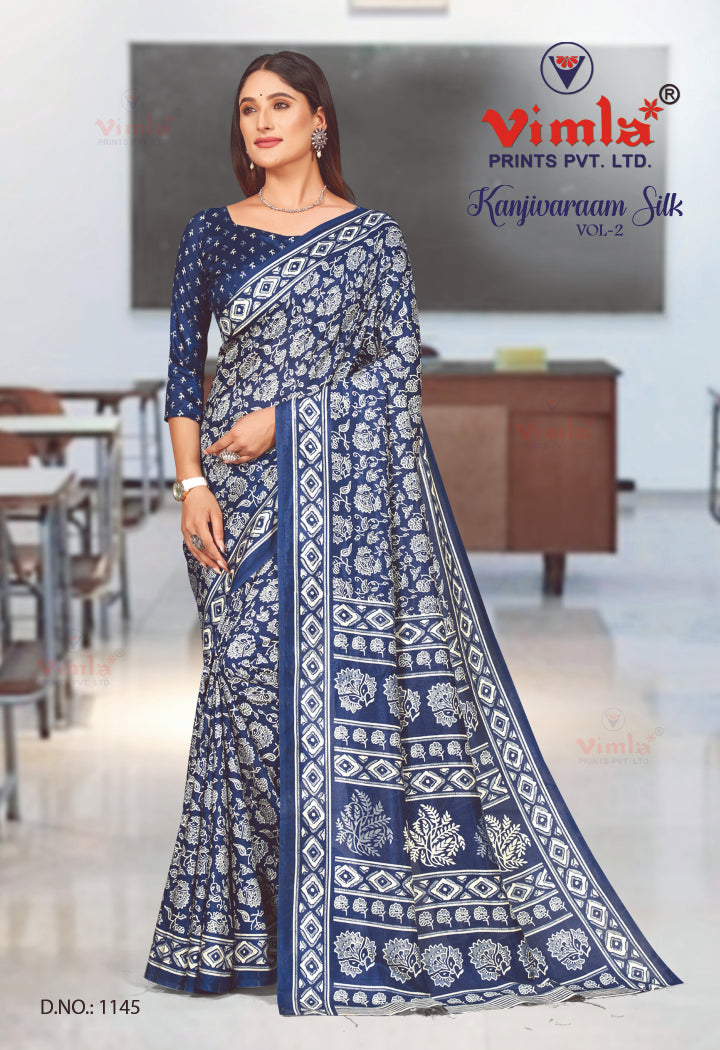 Vimla Prints Women's Indigo Art Silk Uniform Saree with Blouse Piece (1145_KJ)