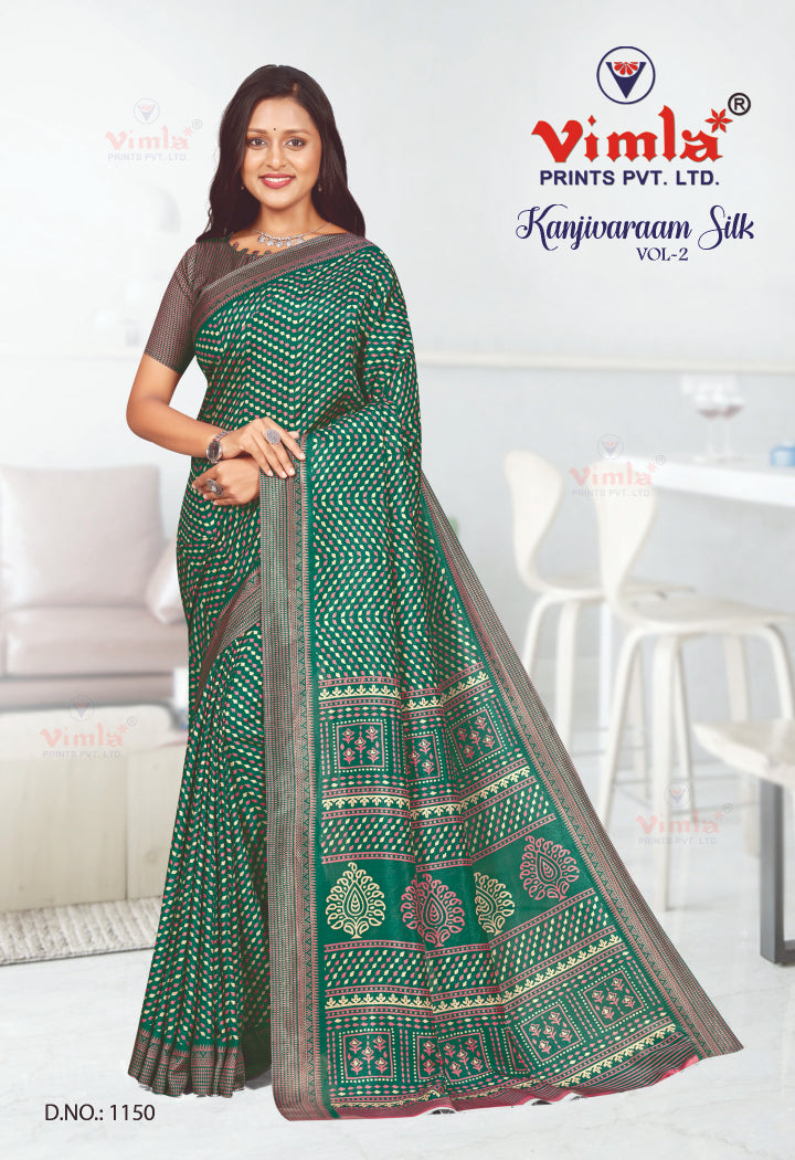 Vimla Prints Women's Dark Green Art Silk Uniform Saree with Blouse Piece (1150_KJ)