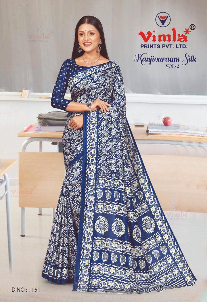 Vimla Prints Women's Indigo Art Silk Uniform Saree with Blouse Piece (1151_KJ)