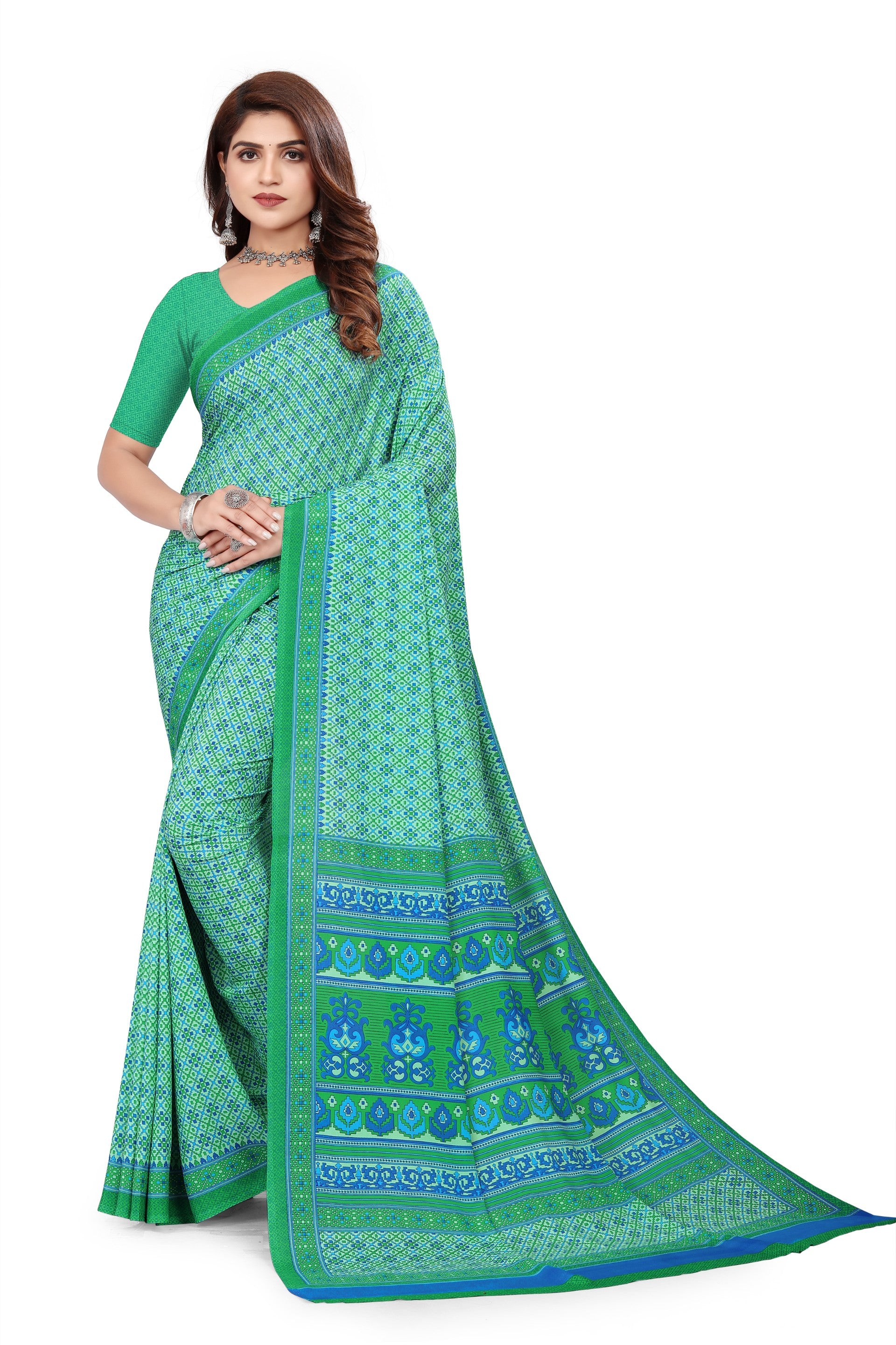 Vimla Women's Green Crepe Silk Uniform Saree with Blouse (1504_AC)