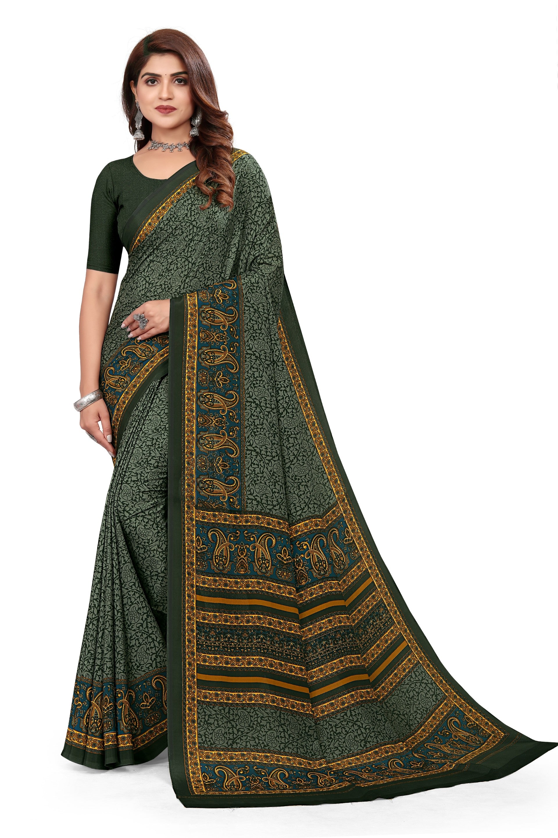 Vimla Women's Green Crepe Silk Uniform Saree with Blouse (1506_AC)