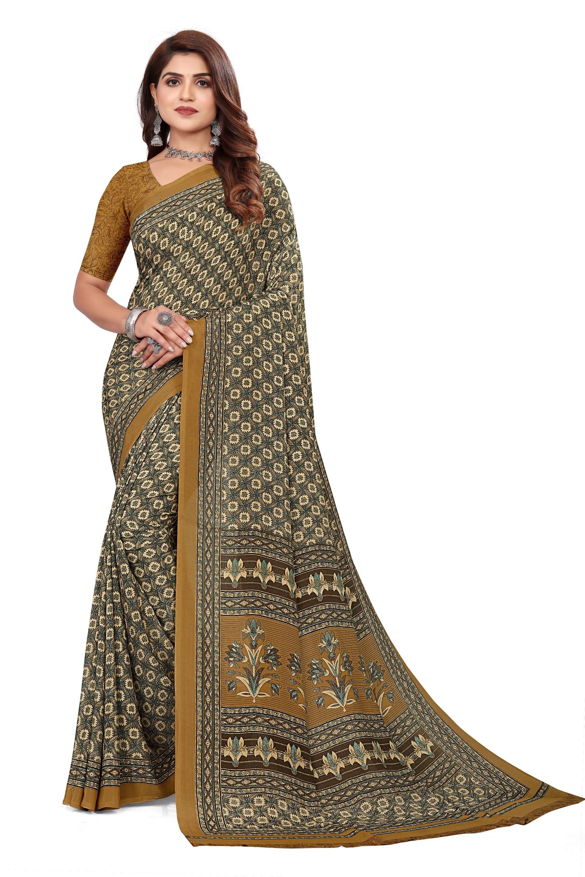Vimla Women's Gold Crepe Silk Uniform Saree with Blouse (1510_AC)