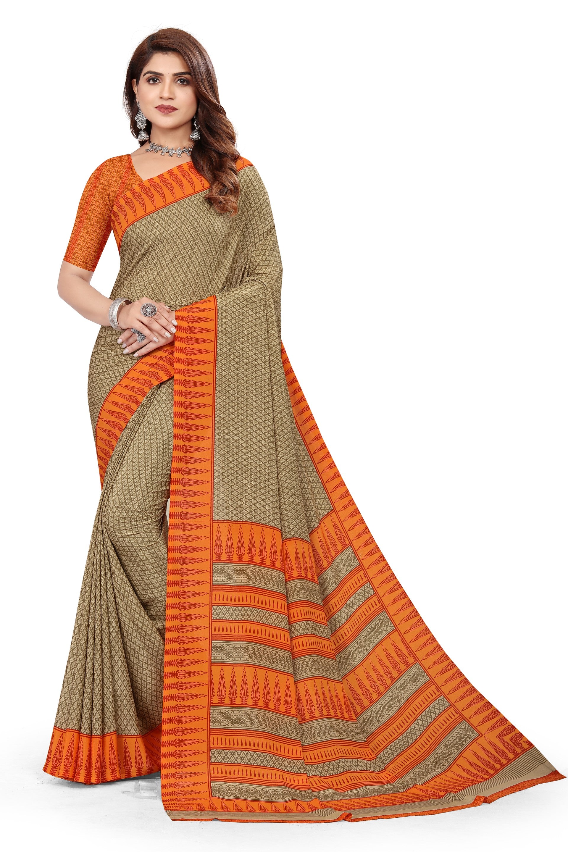 Vimla Women's Orange Crepe Silk Uniform Saree with Blouse (1511_AC)