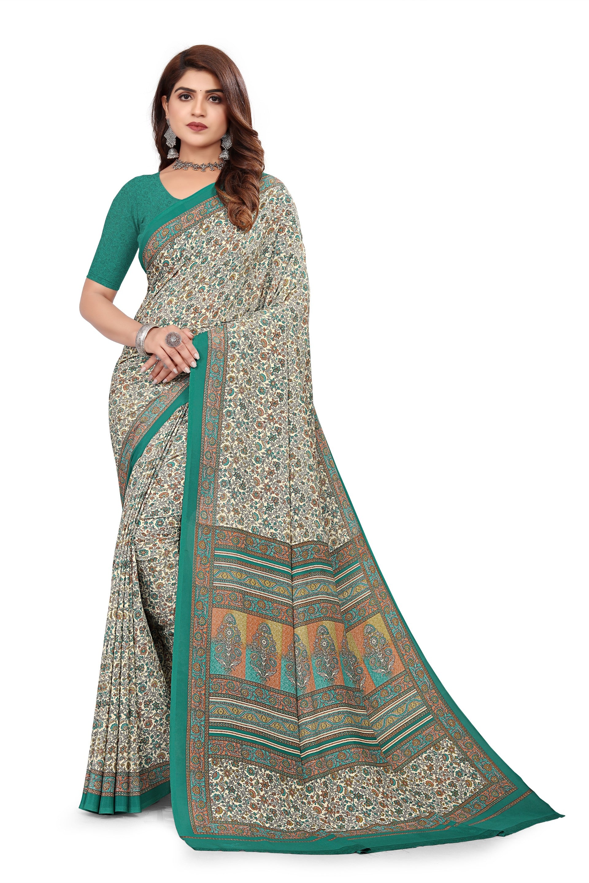 Vimla Women's Green Crepe Silk Uniform Saree with Blouse (1513_AC)