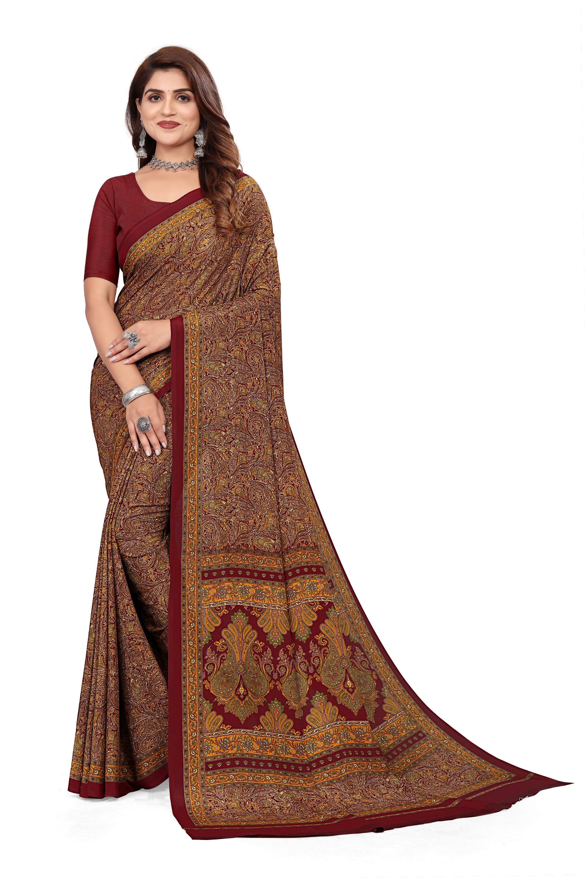 Vimla Women's Maroon Crepe Silk Uniform Saree with Blouse (1515_AC)