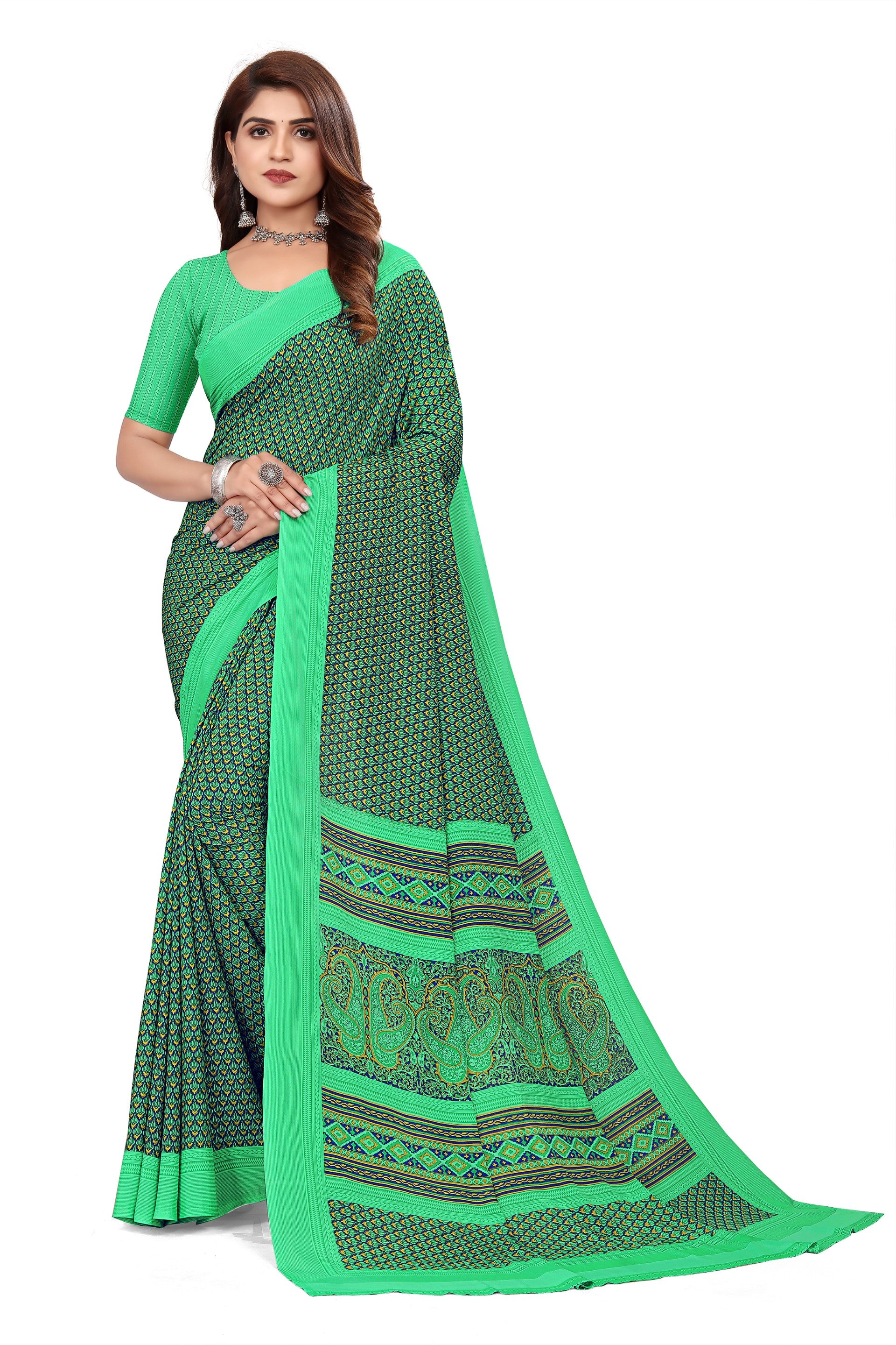 Vimla Women's Green Crepe Silk Uniform Saree with Blouse (1524_AC)
