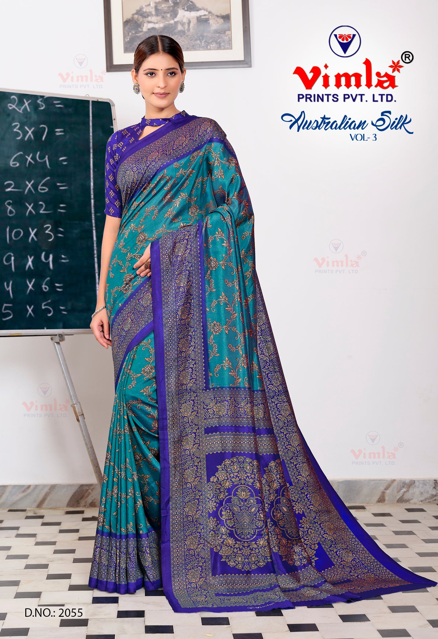 Vimla Prints Women's Turquoise Uniform  Saree with Blouse Piece (2055_AS_Turquoise)
