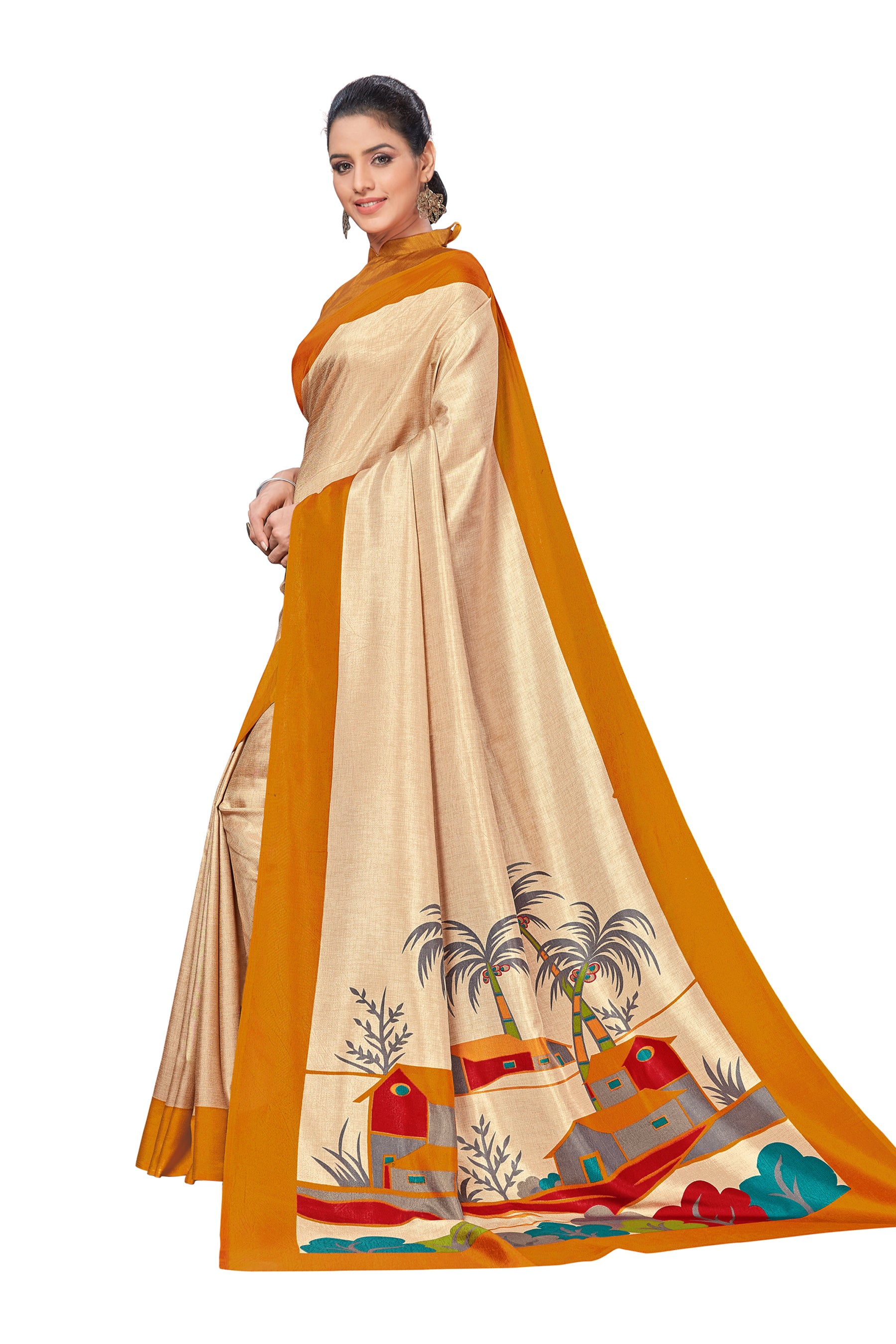 Vimla Women's Yellow Malgudi Art Silk Uniform Saree with Blouse (2106_Yellow)