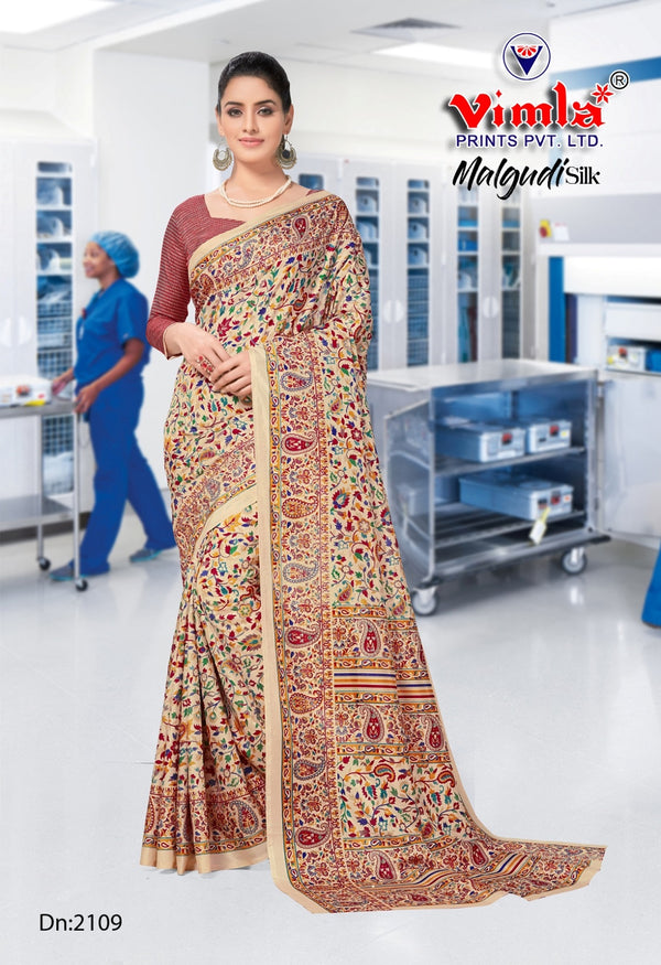 Vimla Women's Multicolor Malgudi Art Silk Uniform Saree with Blouse (2109_Multicolor)