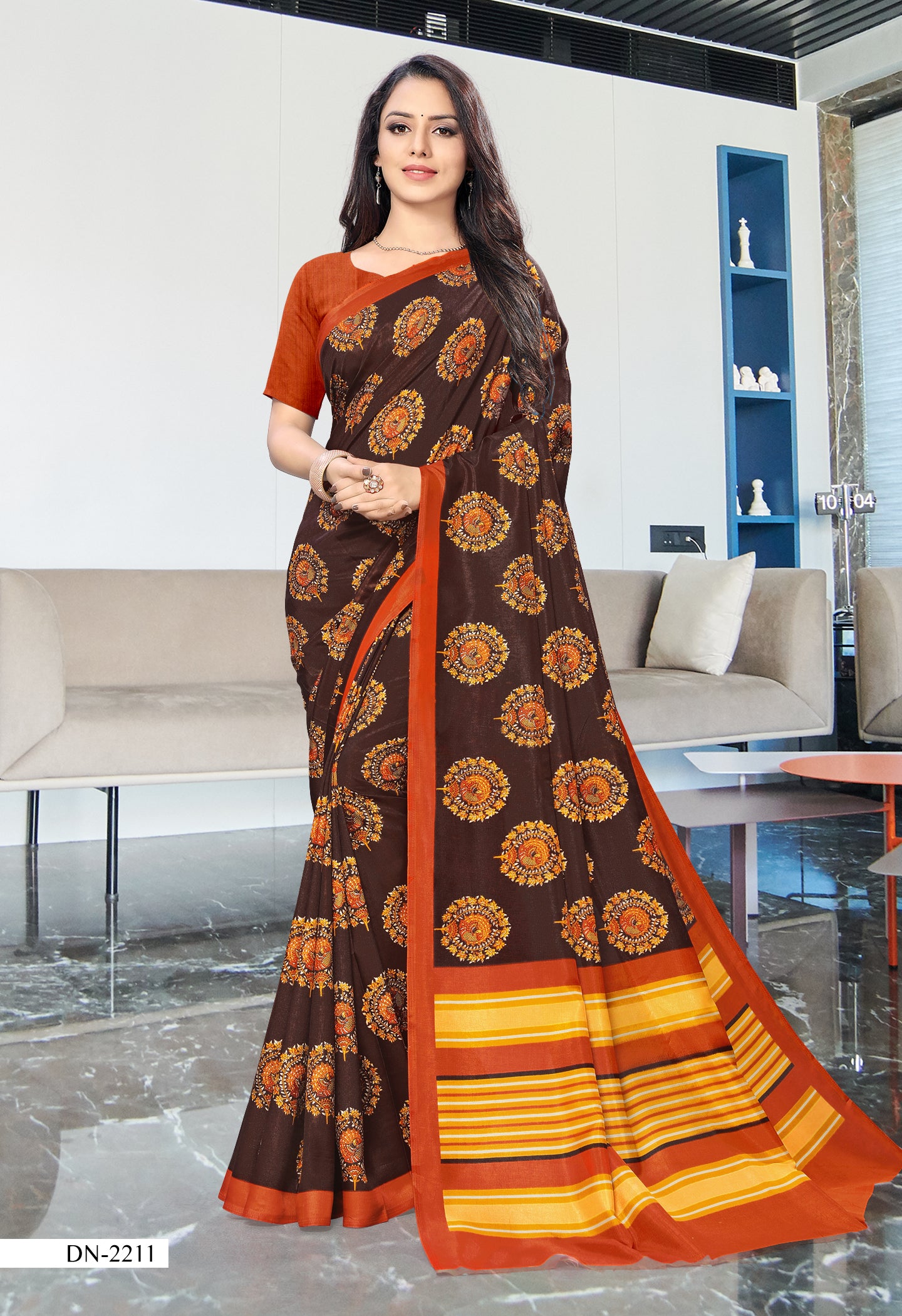 Vimla Women's Brown Malgudi Art Silk Uniform Saree with Blouse Piece (2211_Brown)