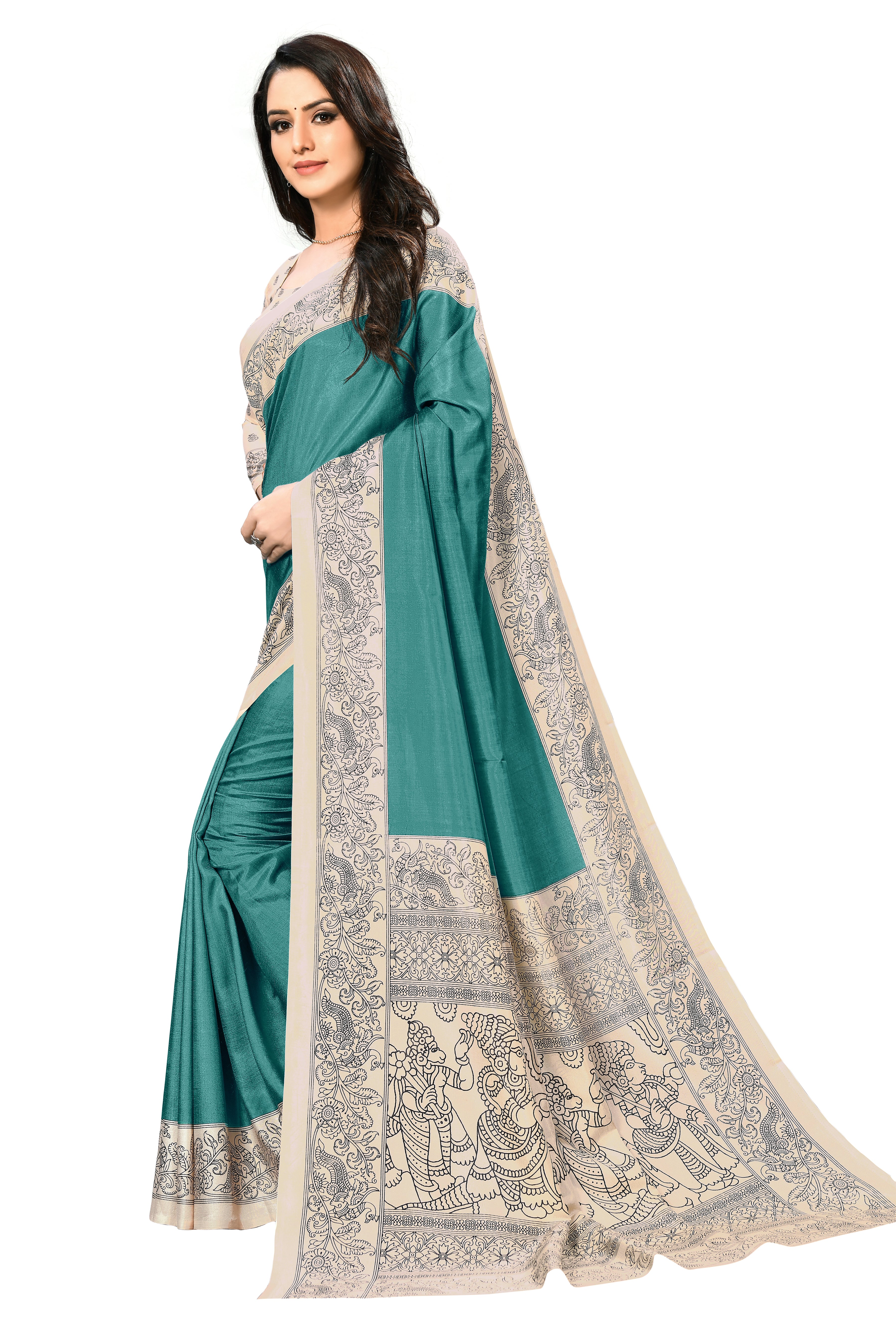Vimla Women's Turquoise Malgudi Art Silk Uniform Saree with Blouse Piece (2213_Turquoise)