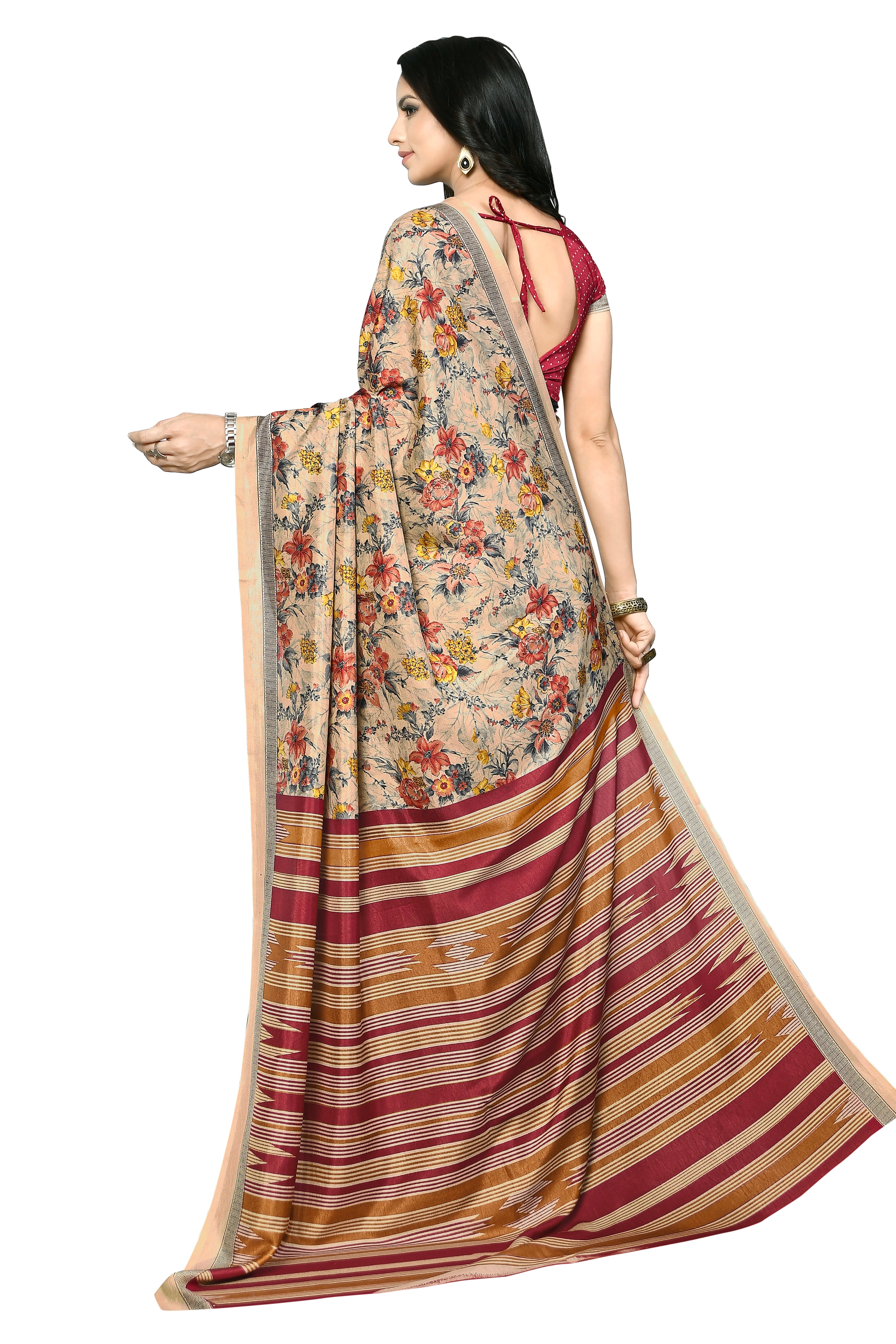 Vimla Women's Beige Malgudi Art Silk Uniform Saree with Blouse Piece (2217_Multicolor)