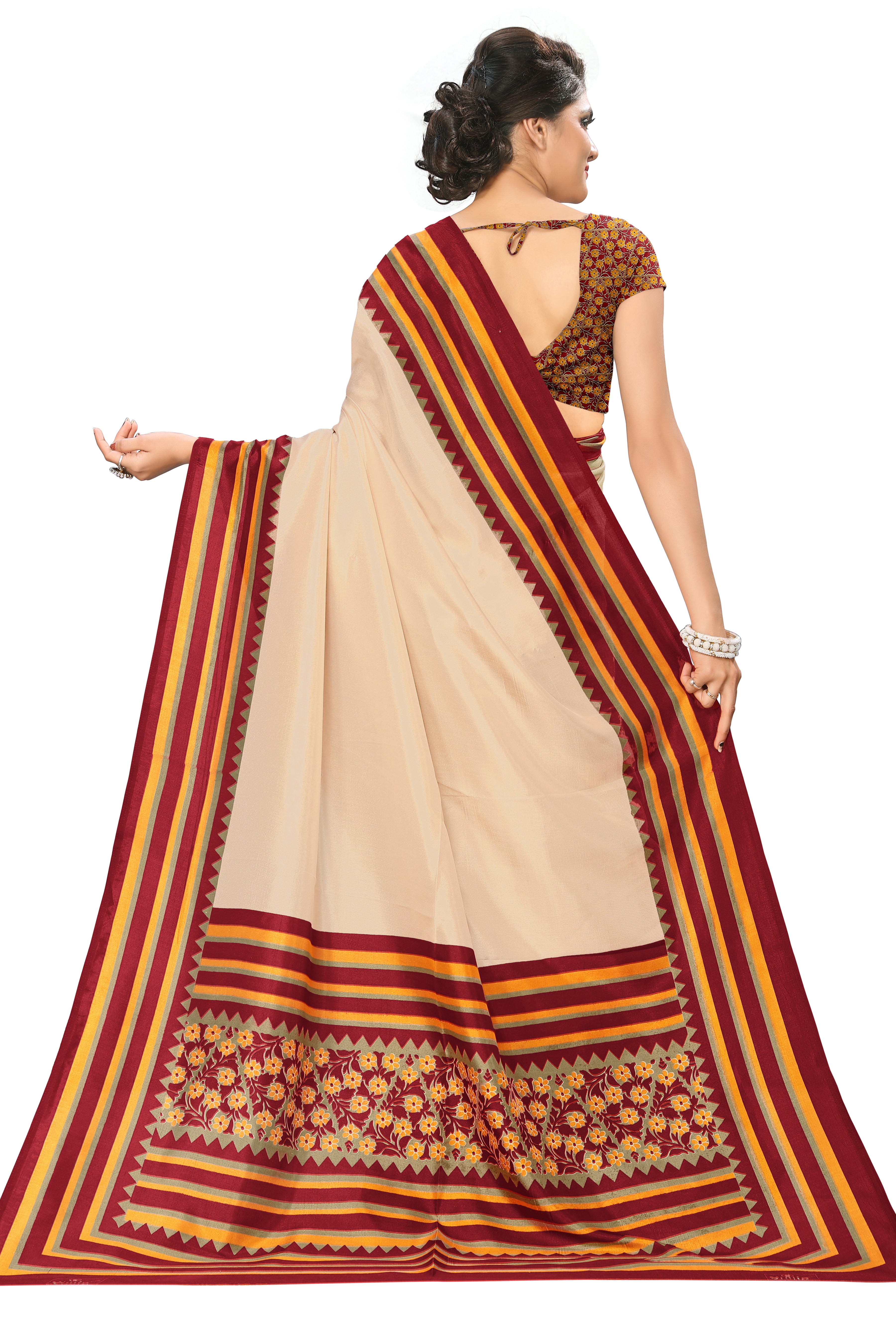 Vimla Women's Cream Malgudi Art Silk Uniform Saree with Blouse Piece (2229_Cream)