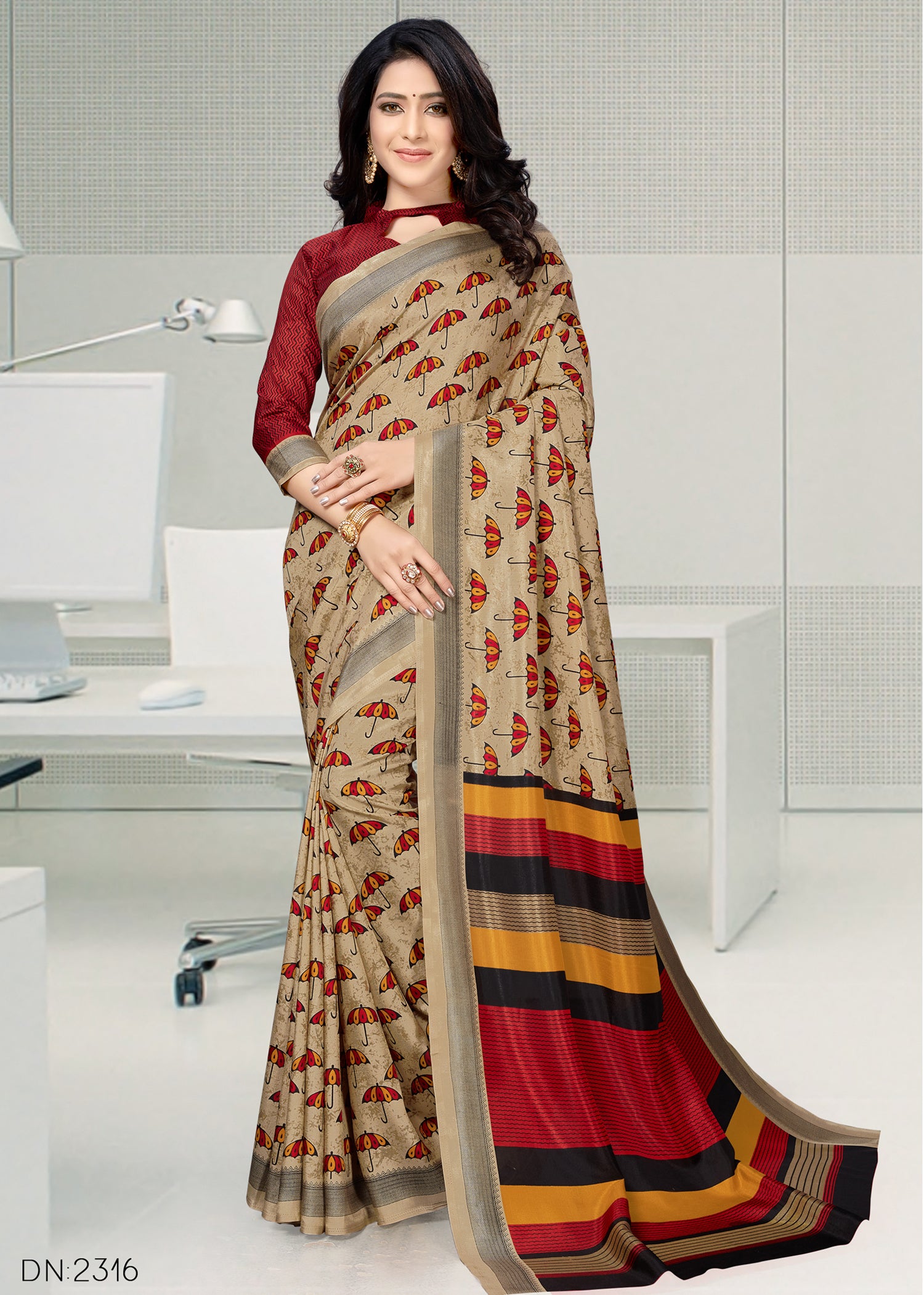Vimla Women's Beige Malgudi Art Silk Uniform Saree with Blouse Piece (2316_Beige)