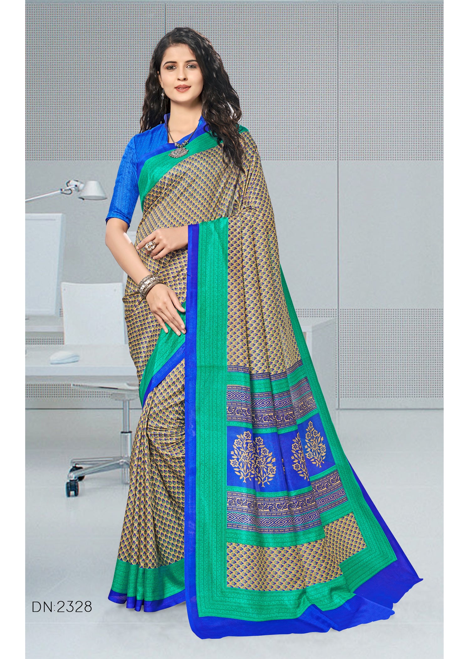 Vimla Women's Turquoise Malgudi Art Silk Uniform Saree with Blouse Piece (2328_Turquoise)