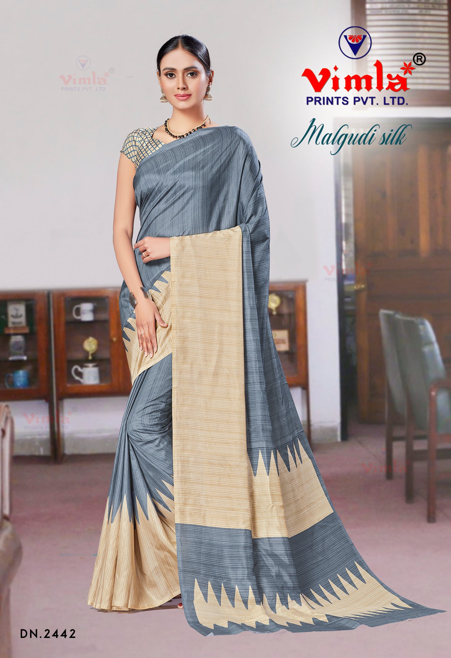 Vimla Women's Grey Malgudi Art Silk Uniform Saree with Blouse Piece (2442_Grey)