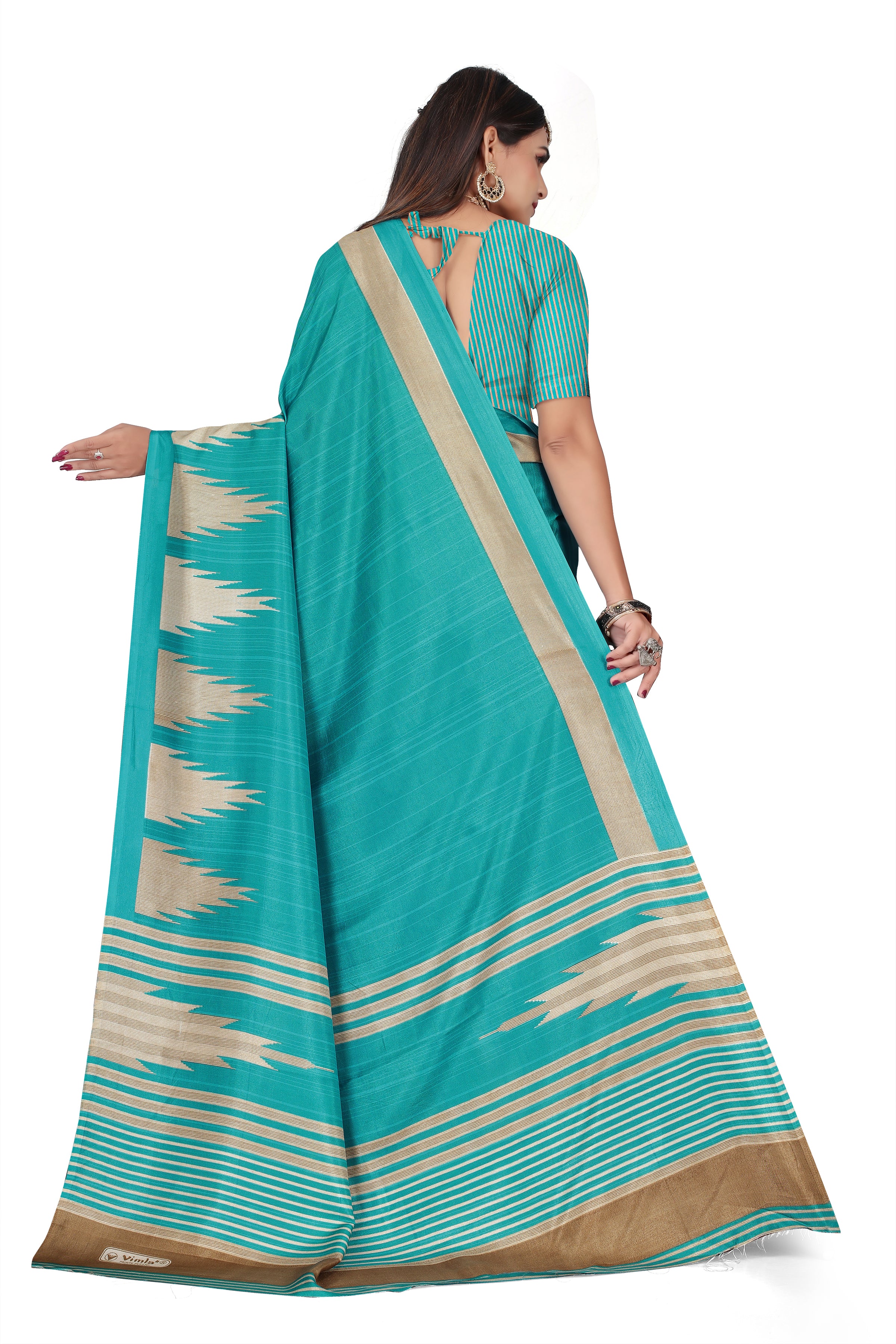 Vimla Prints Women's Turquoise Malgudi Art Silk Uniform Saree with Blouse Piece (2446_24)