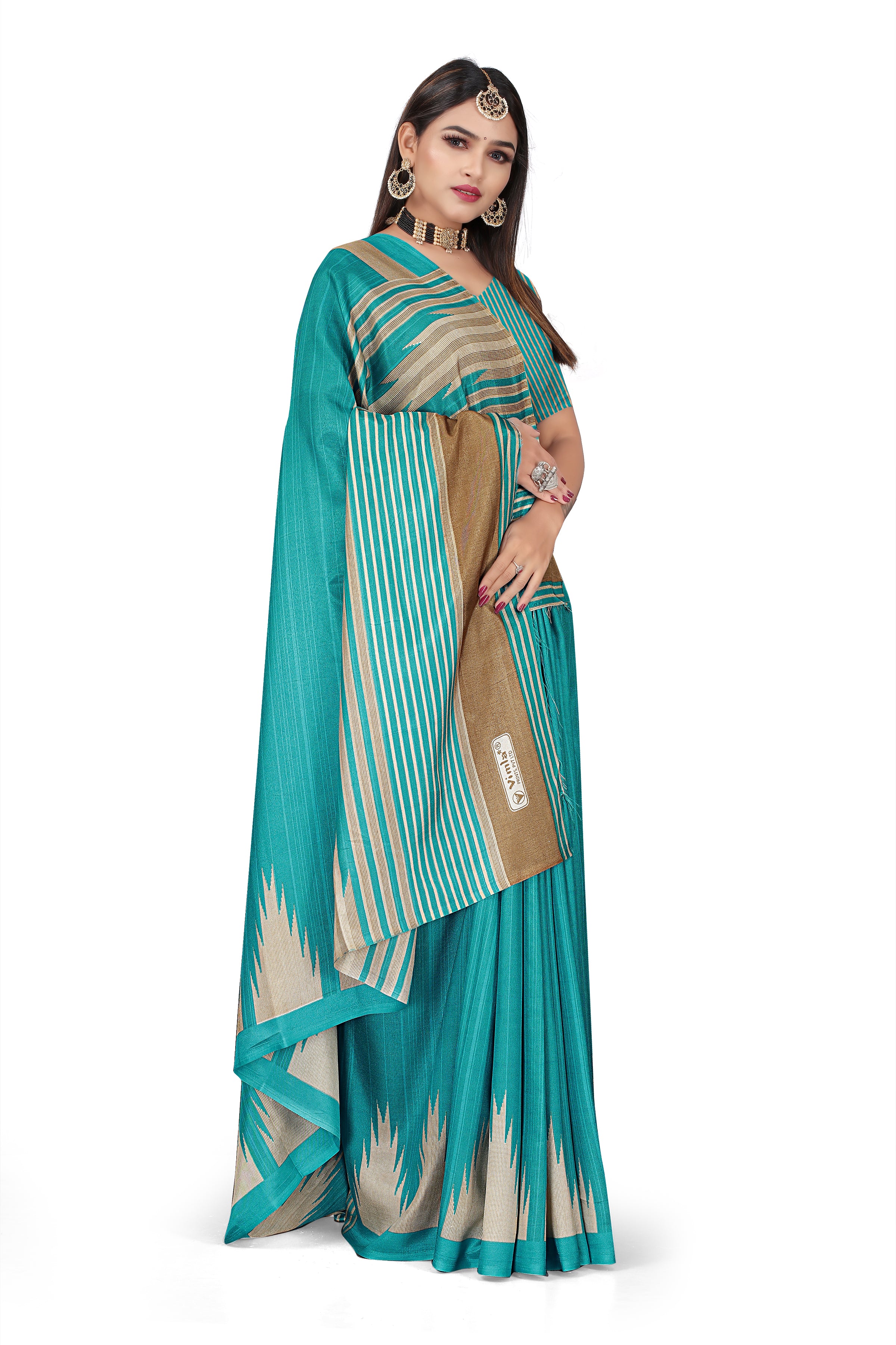Vimla Prints Women's Turquoise Malgudi Art Silk Uniform Saree with Blouse Piece (2446_24)