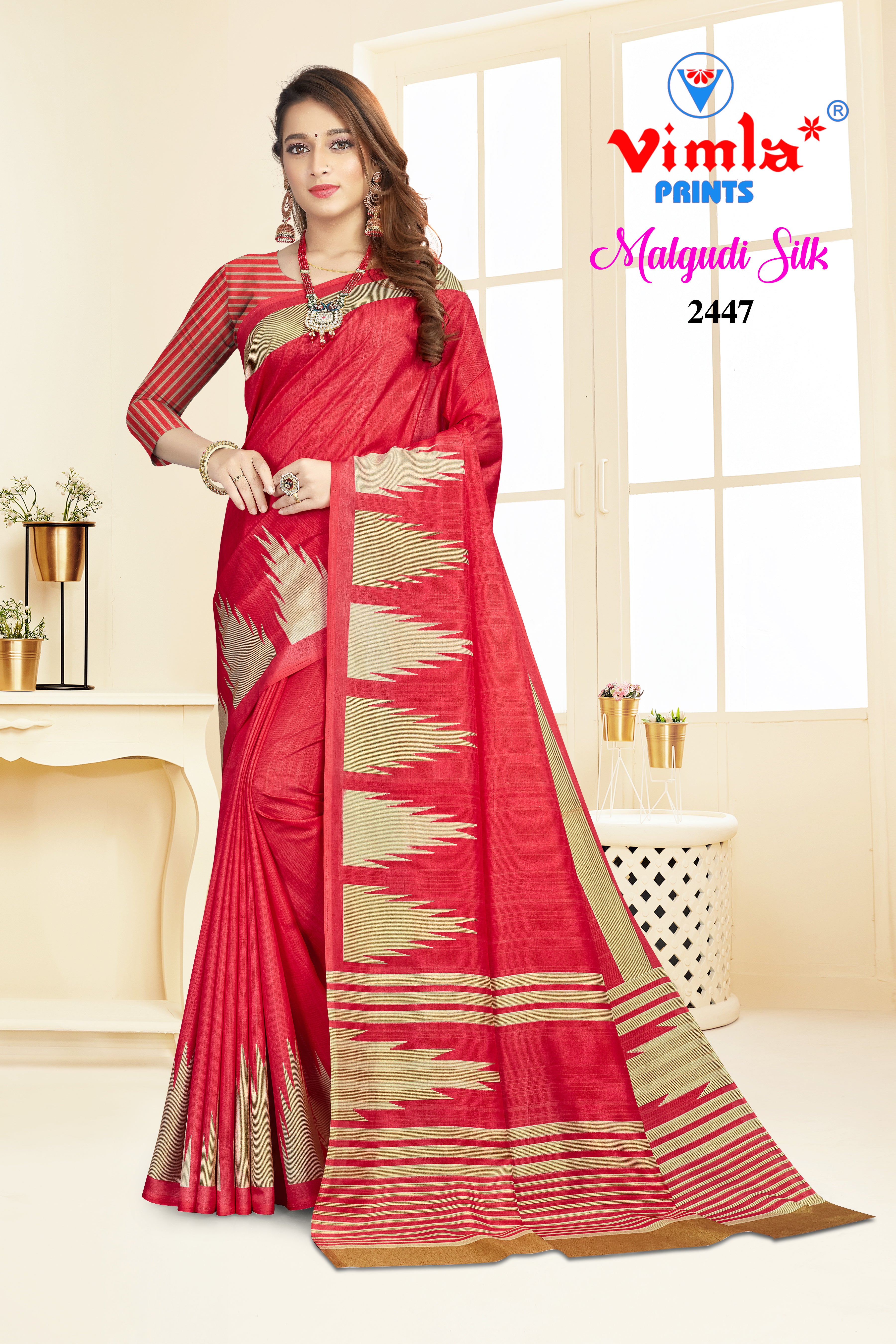 Vimla Prints Women's Red Malgudi Art Silk Uniform Saree with Blouse Piece (2447_24)