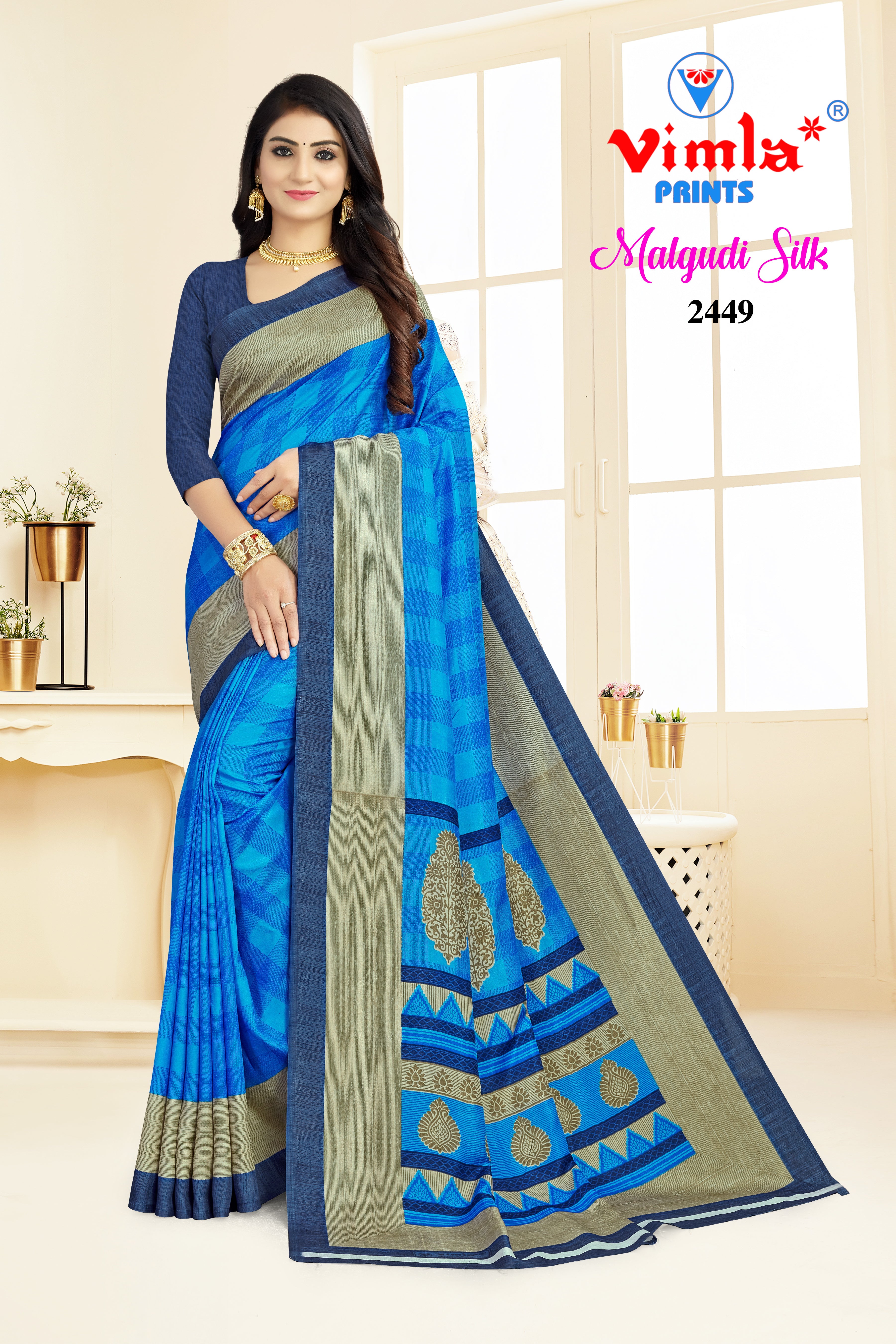 Vimla Prints Women's Blue Malgudi Art Silk Uniform Saree with Blouse Piece (2449_24)