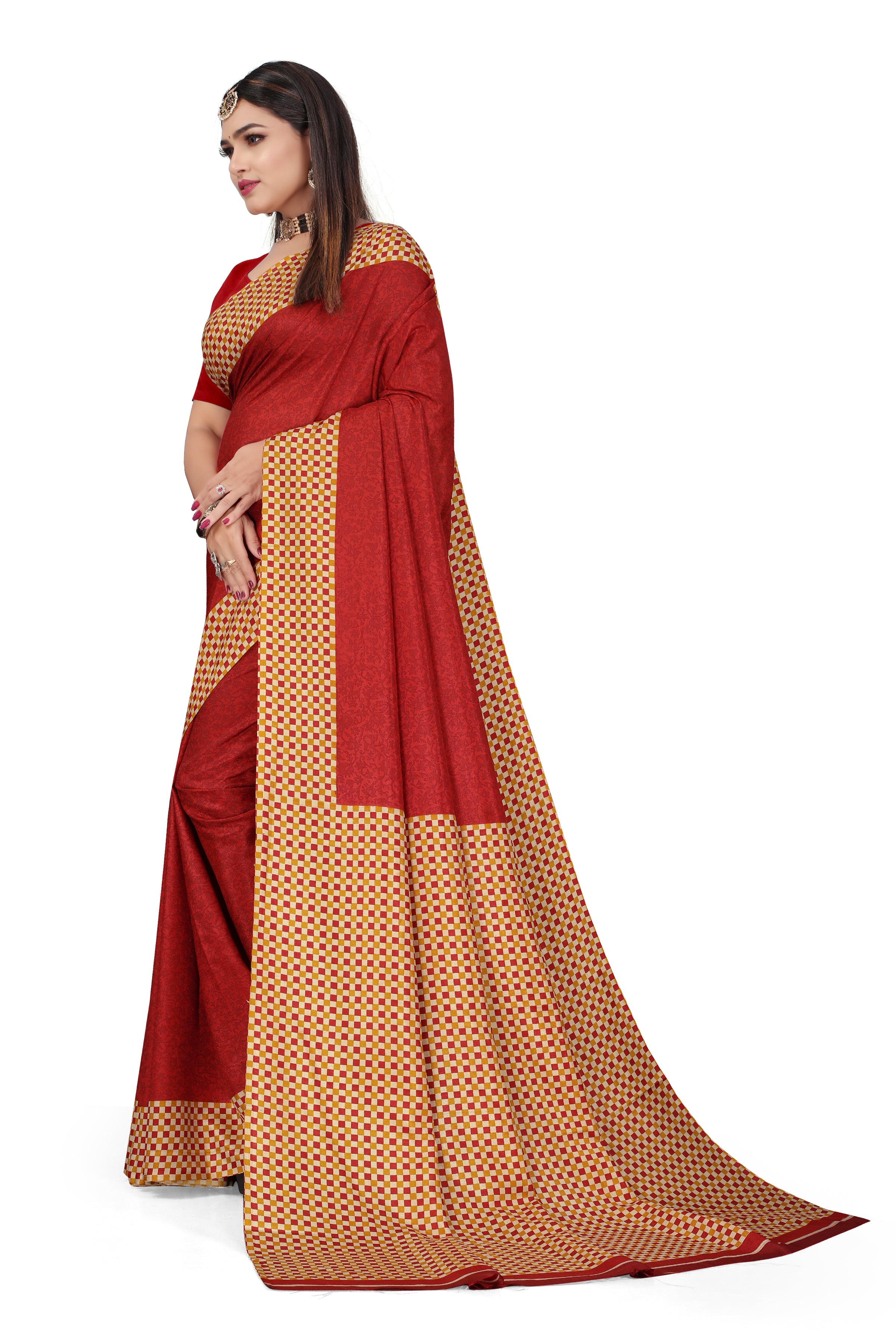 Vimla Prints Women's Red Malgudi Art Silk Uniform Saree with Blouse Piece (2450_24)