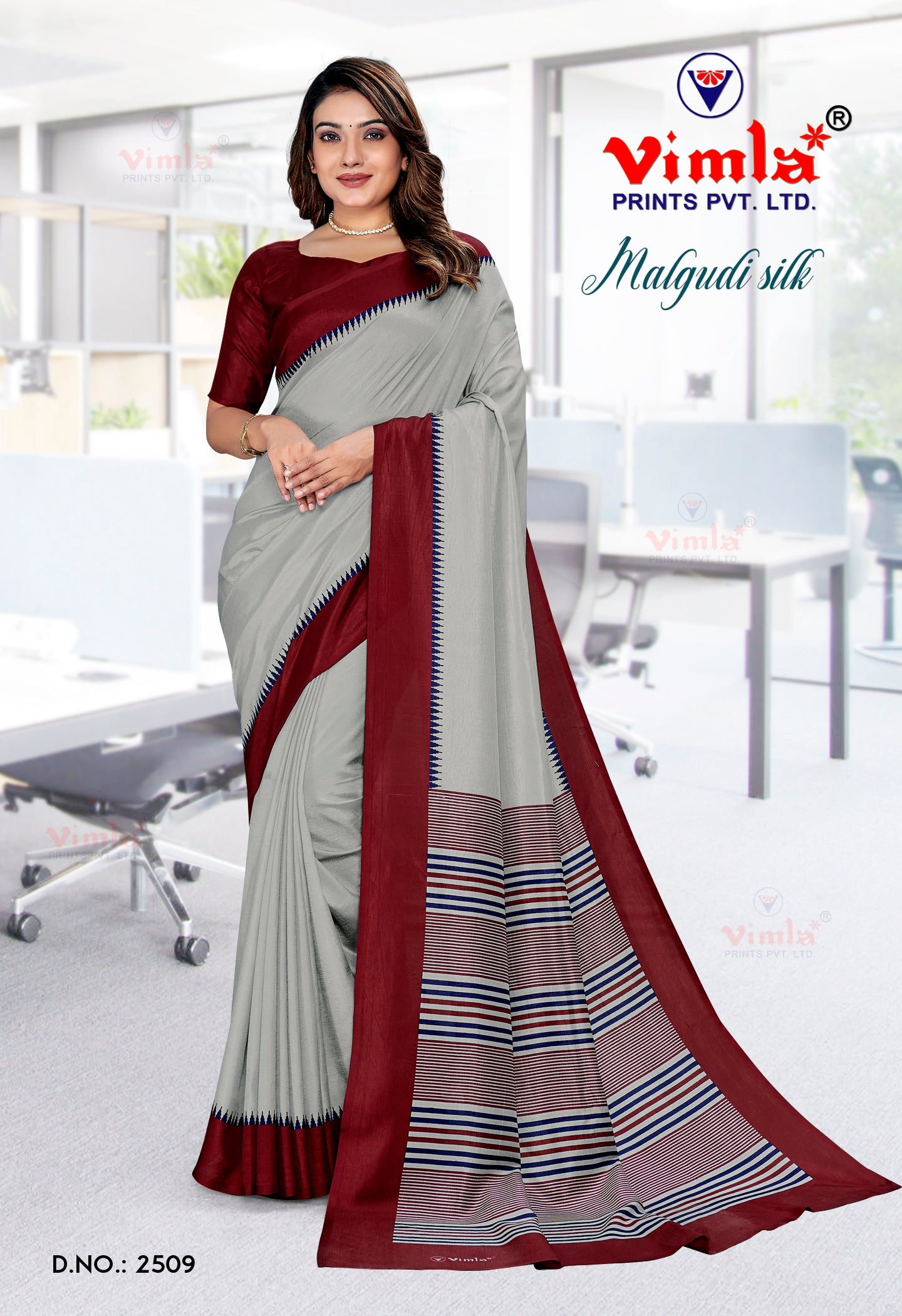 Vimla Women's Maroon Malgudi Art Silk Uniform Saree with Blouse Piece (2509_25)