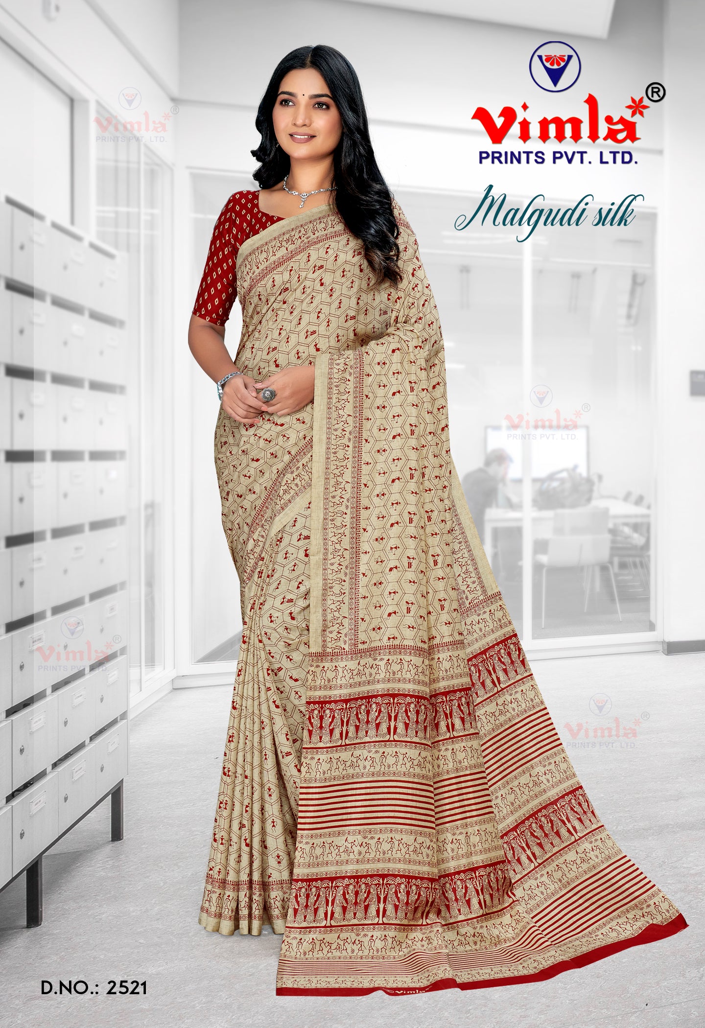 Vimla Women's Beige Malgudi Art Silk Uniform Saree with Blouse Piece (2521_25)
