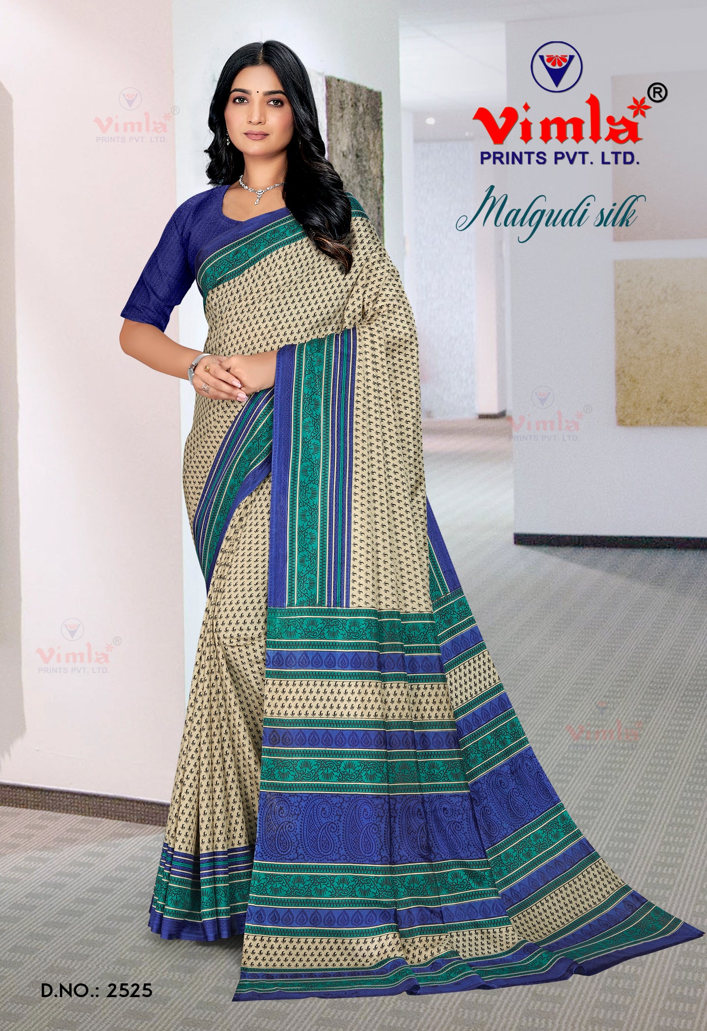 Vimla Women's Beige Malgudi Art Silk Uniform Saree with Blouse Piece (2525_25)