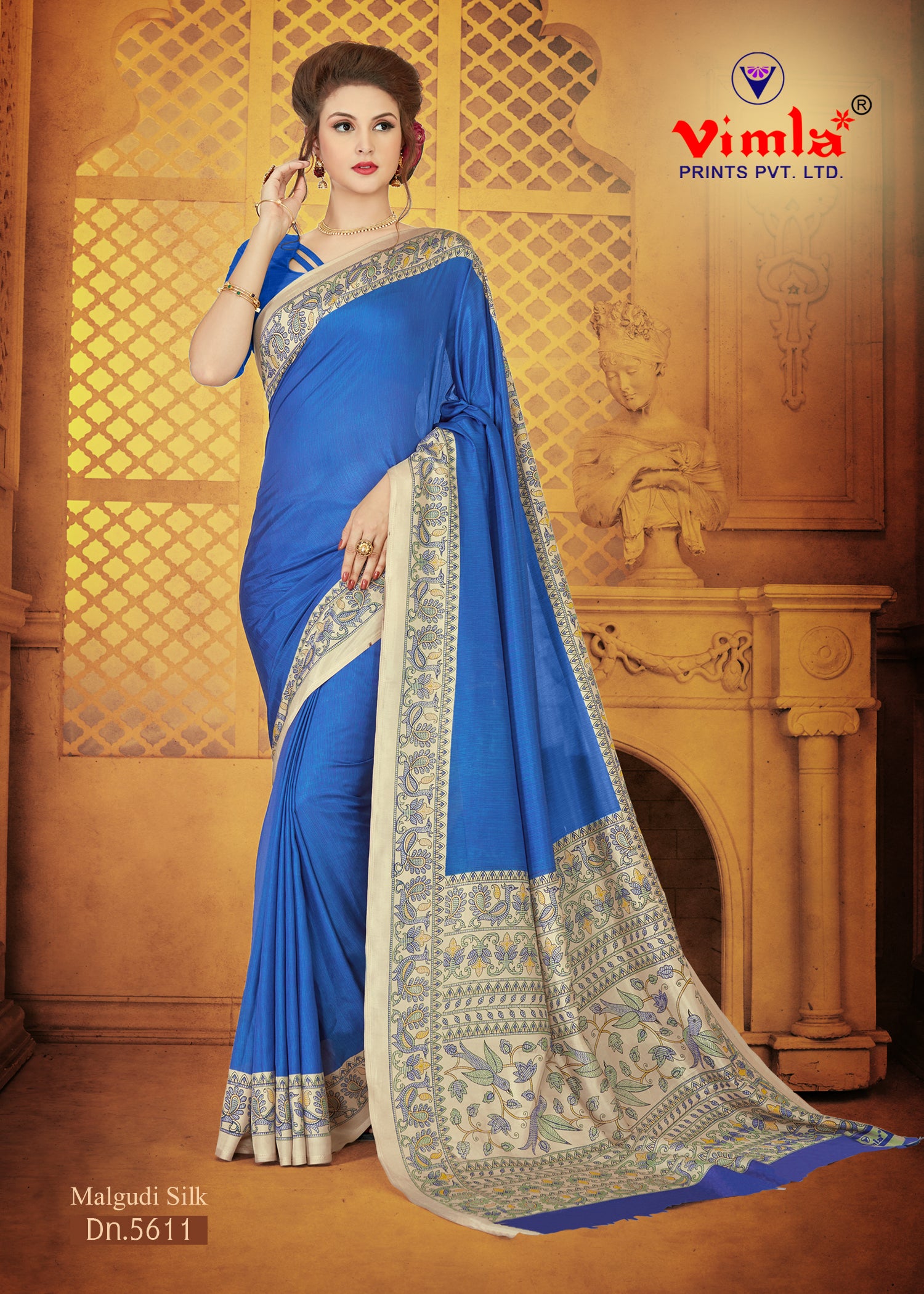 Vimla Women's Blue Malgudi Art Silk Uniform Saree with Blouse  (5611_Blue)