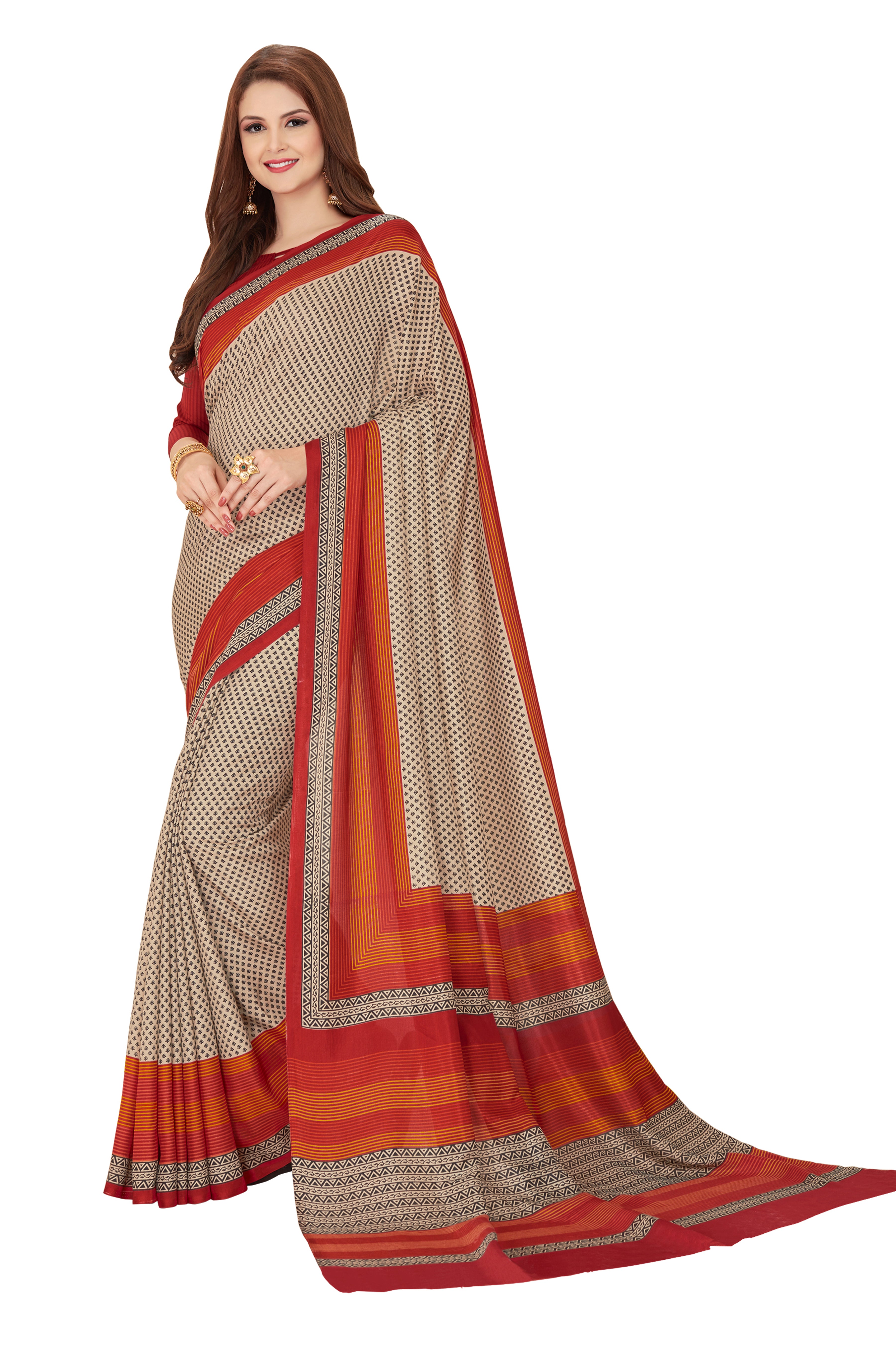 Vimla Women's Beige Malgudi Art Silk Uniform Saree with Blouse  (5834_Beige)