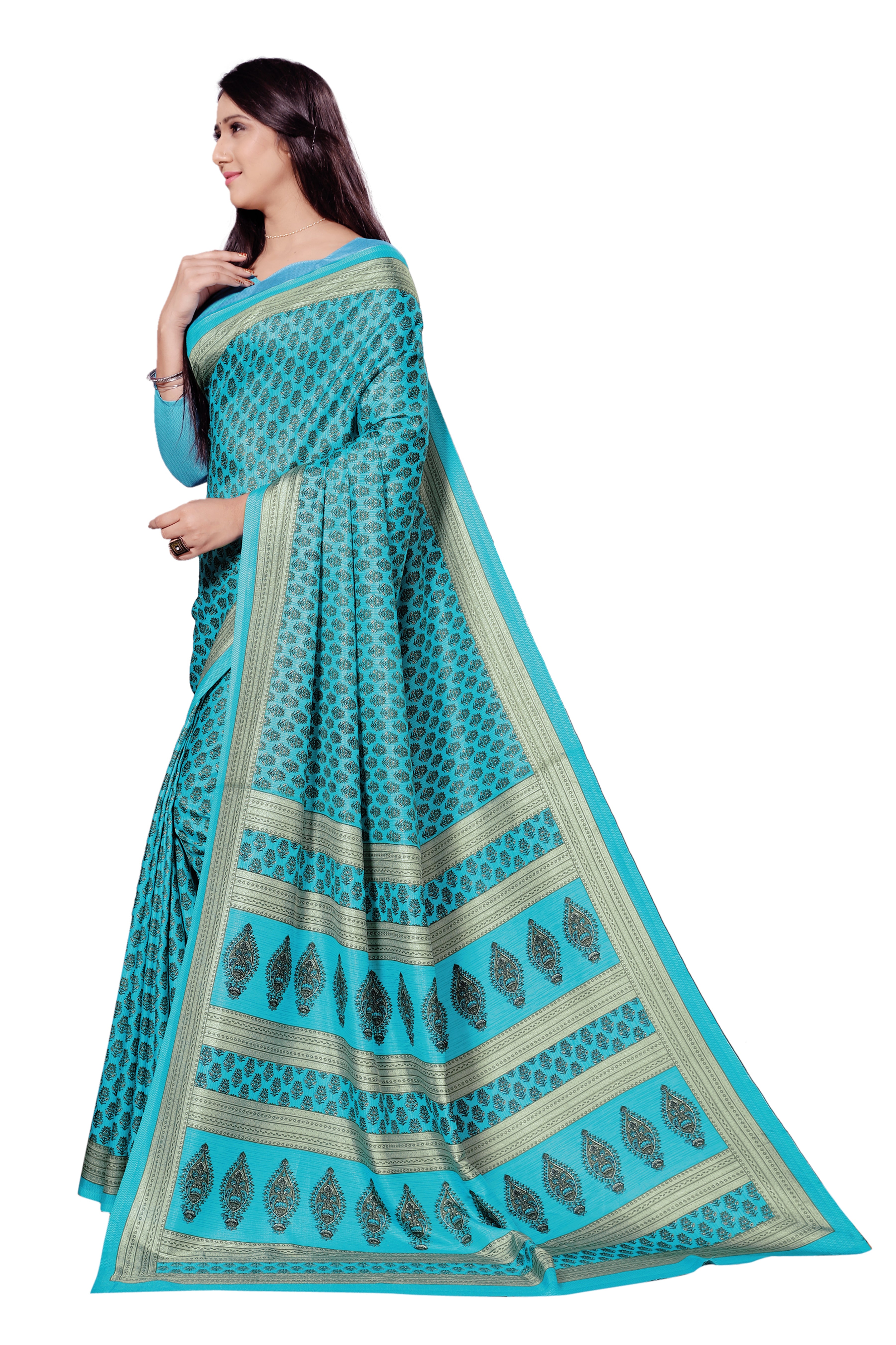 Vimla Women's Turquoes Malgudi Art Silk Uniform Saree with Blouse  (6740_Turquoise)
