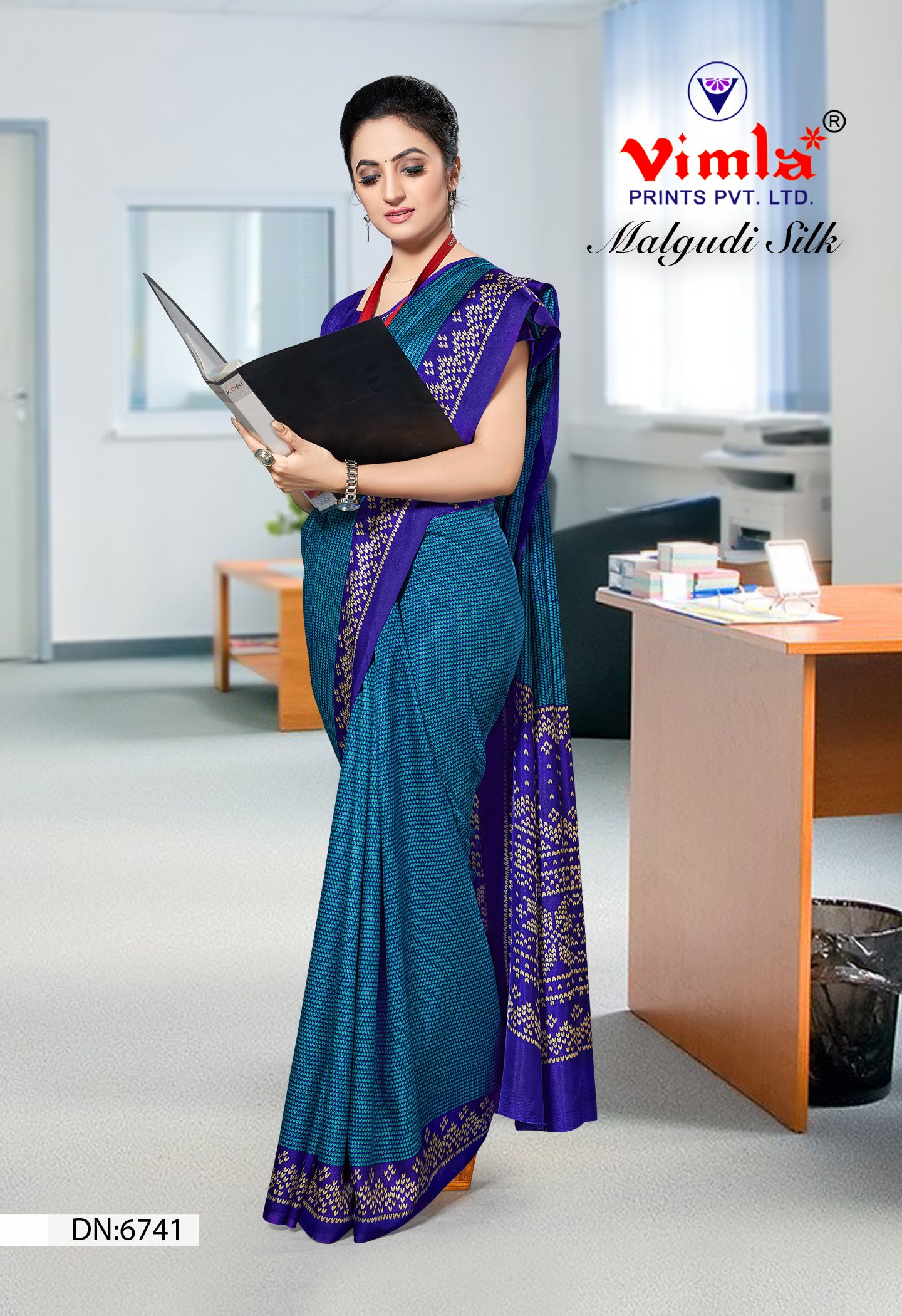 Vimla Women's Turquoes Malgudi Art Silk Uniform Saree with Blouse  (6741_Turquoise)