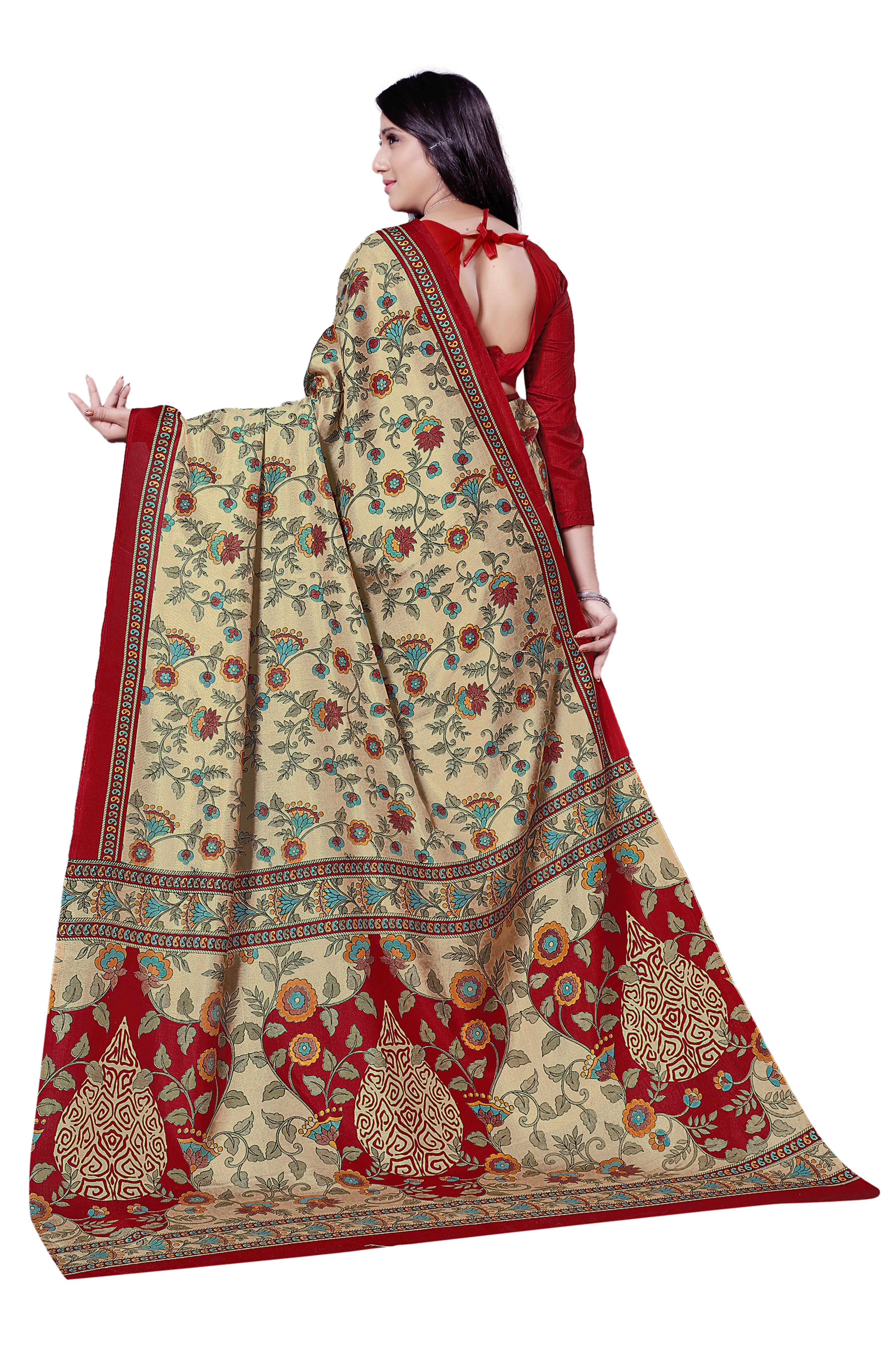 Vimla Women's Beige Malgudi Art Silk Uniform Saree with Blouse  (6837_Beige)