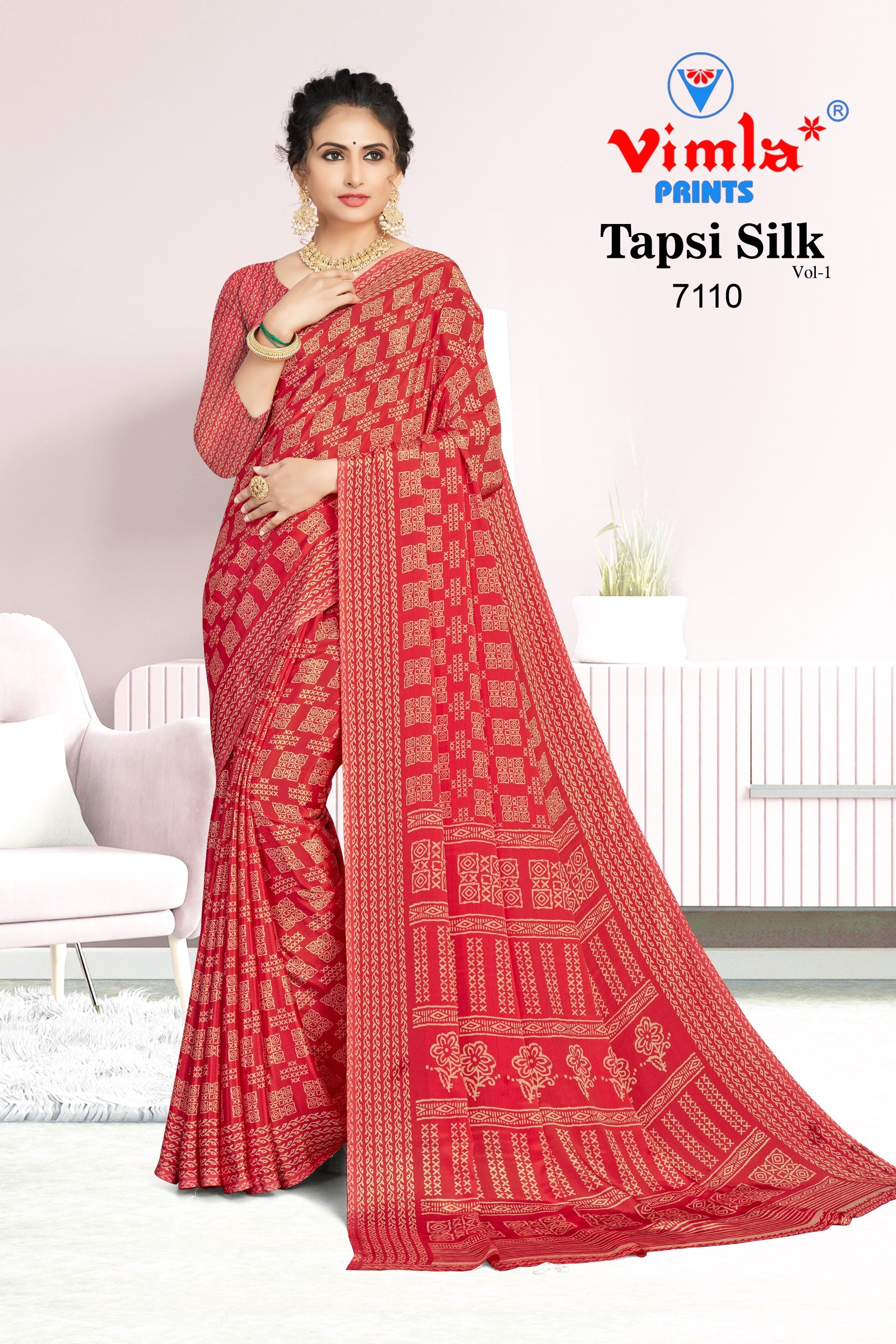 Vimla Women's Red Turkey Art Silk Uniform Saree with Blouse Piece (7110_TP)