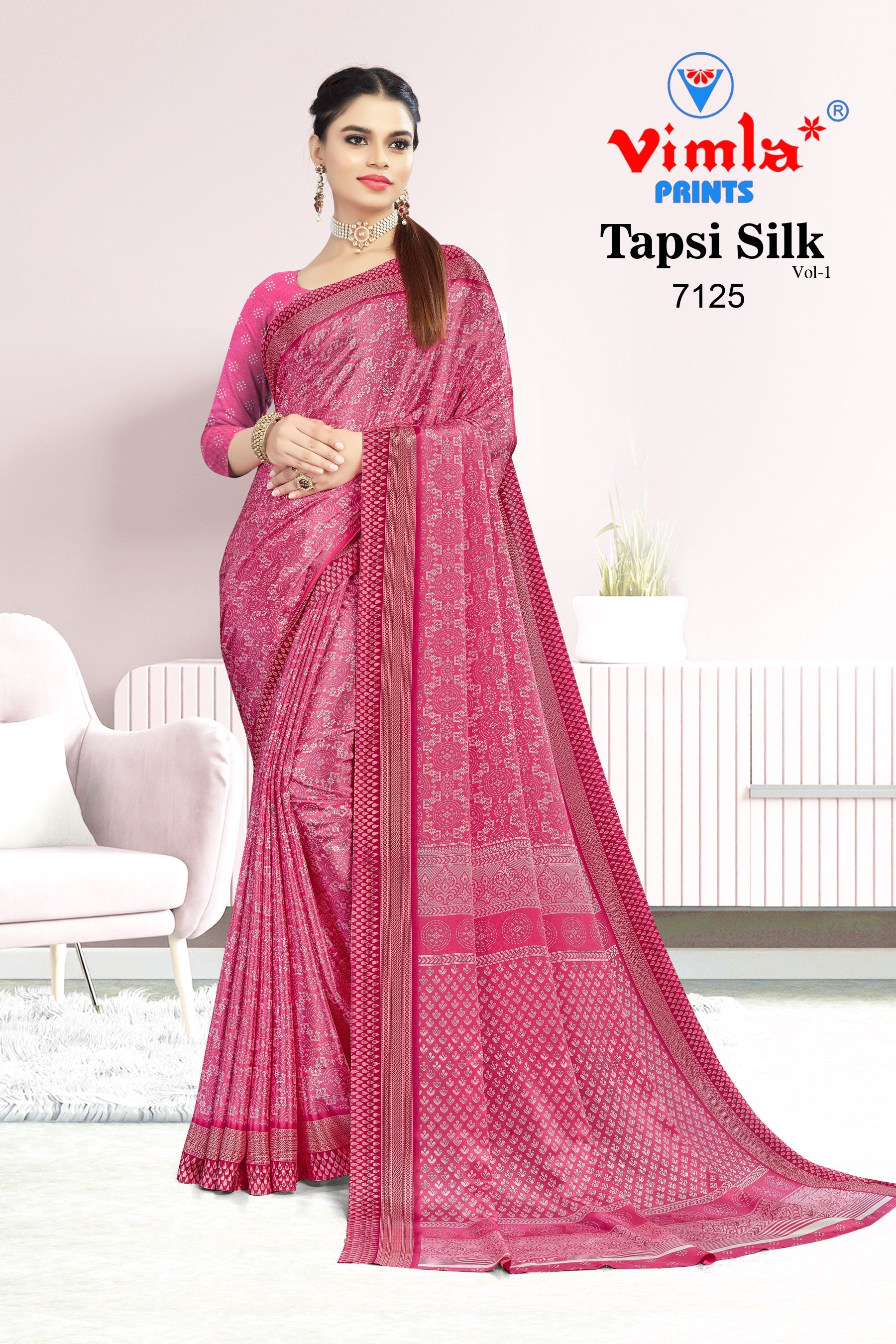 Vimla Women's Pink Turkey Art Silk Uniform Saree with Blouse Piece (7125_TP)