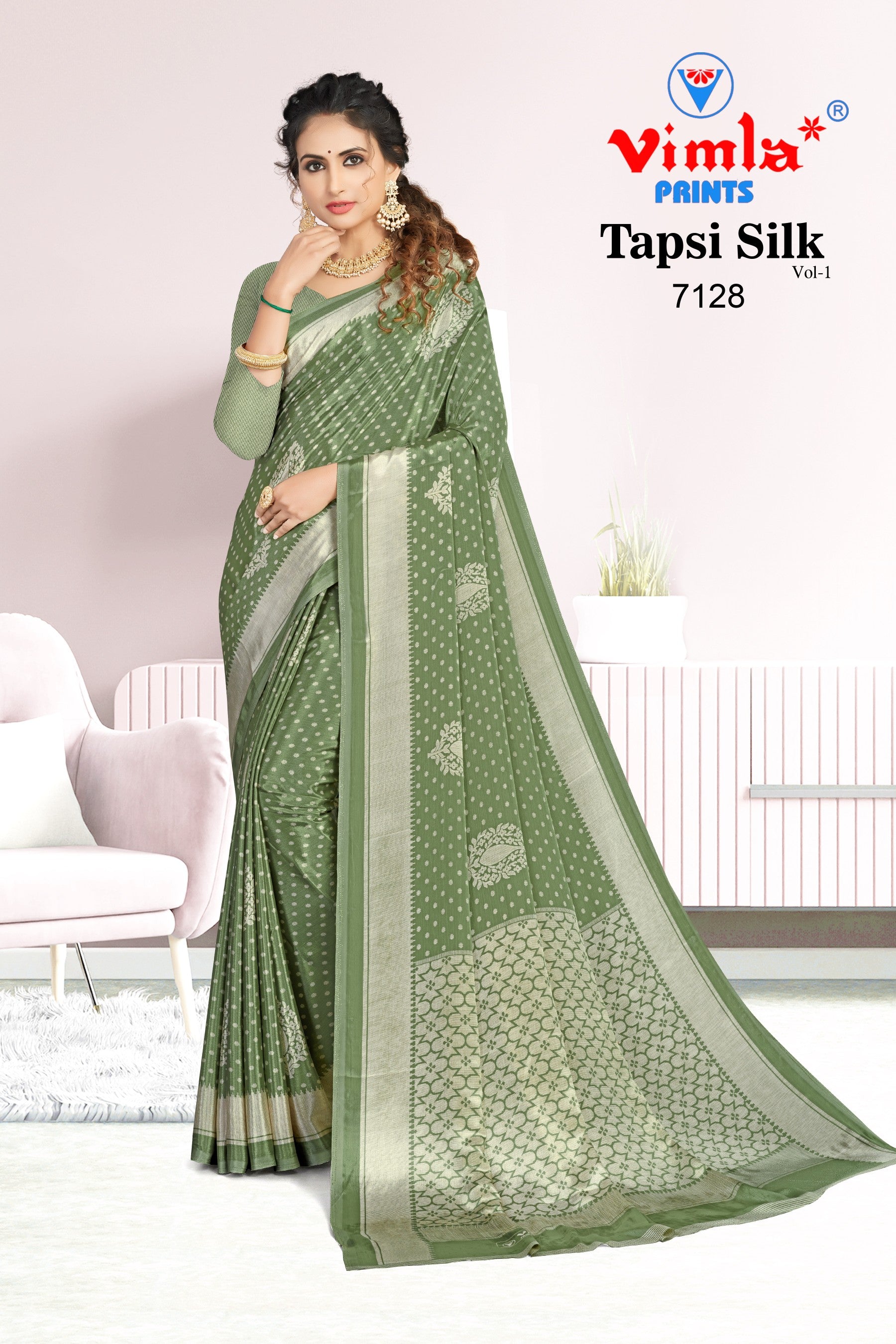 Vimla Women's Green Turkey Art Silk Uniform Saree with Blouse Piece (7128_TP)