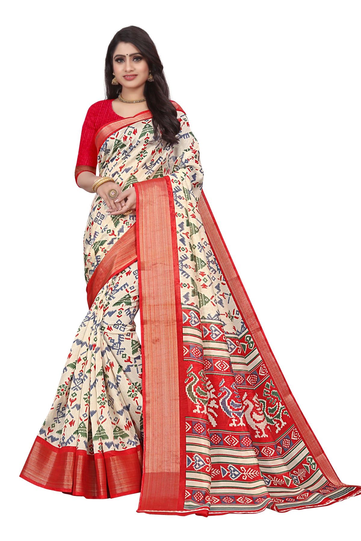 Vimla Women's Multicolord Khadi Cotton Printed Saree with Blouse Piece ( Khatau-07_Red)